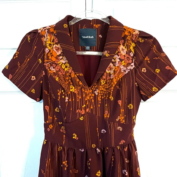 Modcloth Lively Identity Burgundy Floral Short Sleeve Dress sz XXS - Picture 7 of 14